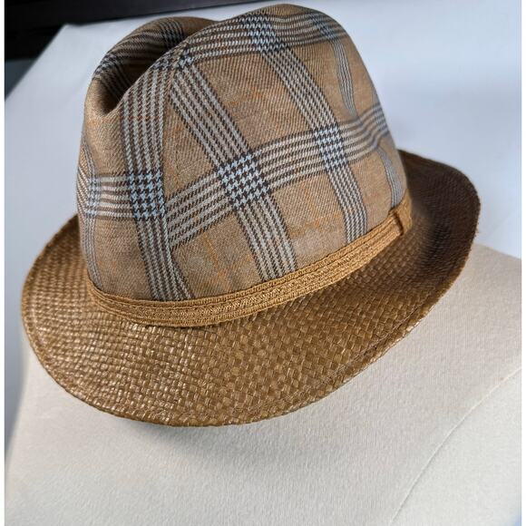 Vintage Borsalino Plaid Tweed Fedora Hat w/Straw Brim size S/M - Picture 3 of 12